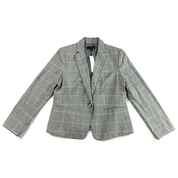 Ann Taylor Women’s Size 4 Linen Blend Gray Windowpane Plaid One Button Blazer - Picture 1 of 8